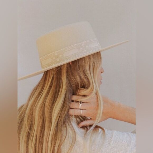 LACK OF COLOR LOC SIERRA BOATER HAT CREAM GOLD VINTAGE RIBBON FREE PEOPLE WIDE - Picture 11 of 12